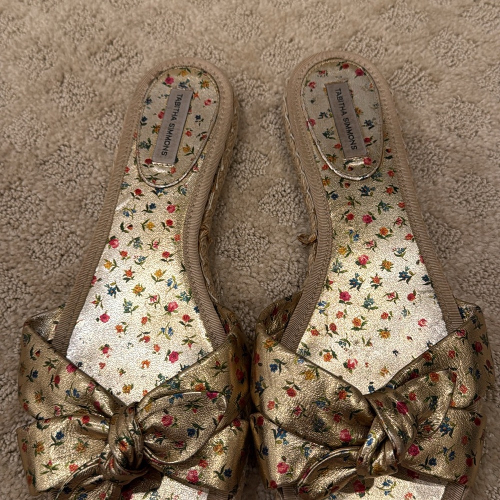 Tabitha Simmons Gold Floral Bow Mules